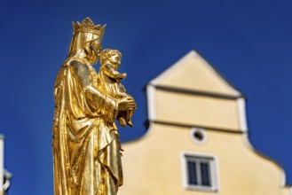 Golden Mary of St Mary's Fountain on the market square of Riedenburg, Lower Bavaria, Bavaria,