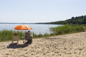 On the shore of the Scheibe-See, open-cast mining pit, which is now open for swimming, Hoyerswerda,