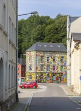 Neustädter Straße with fisherman Art House, Sebnitz, Saxony, Germany, Europe