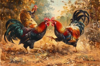 Surrealist representation of a cock fighting, AI generated