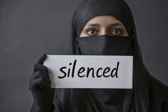 Young muslim woman with black niqab holding up sign with text 'silenced'. Generative AI, AI