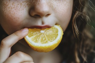 Close up of girl child eating lemon fruit. Generative AI, AI generated