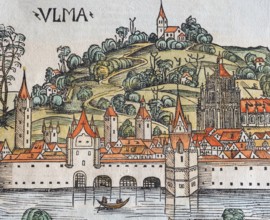 Medieval town view, Ulm or Ulma, Danube, old coloured woodcut from: Schedel'sche Weltchronik,