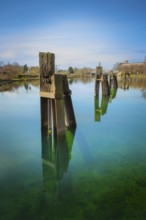 View of mooring facilities in the branch canal at the Linden harbour lock, long exposure, waterway,