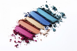 Different colored eyeshadow makeup sample swatches in a row on white background. Generative AI, AI