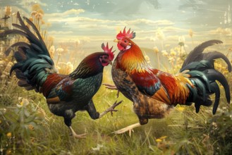 Two cocks fighting in a meadow, AI generated