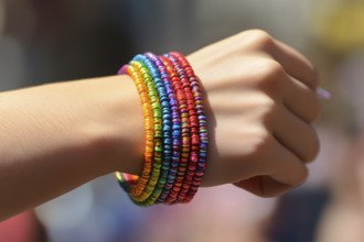 Close up of colorful bracelets around a woman's wrist. Generative Ai, AI generated