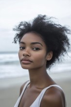 Young black woman with white top at beach. Generative AI, AI generated