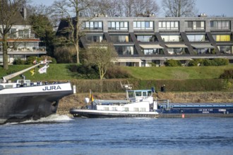 Cargo ship on the Rhine near Düsseldorf-Bockum, villas on the banks of the Rhine, the neighbourhood