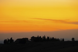 Tuscan landscape with fields and hills at sunset, Unesco world heritage, Pienza, Val d'Orcia,