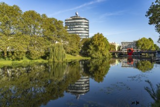 Neckar and Neckar Tower in Heilbronn, Baden-Württemberg, Germany, Europe