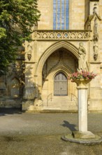 Marian column and west portal of St Mary's Cathedral in Erfurt, Thuringia, Germany, Europe