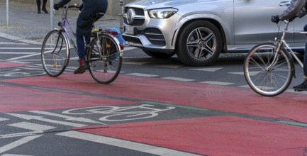 Red marked cycle path in the city centre, Berlin, Germany, Europe