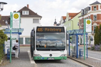 A bus on route 405 of the VGM travelling in the direction of Radeburg at the bus station in Coswig,