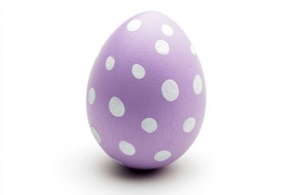 Single violet Easter egg with dots on white background. Generative AI, AI generated