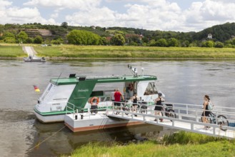 Cyclists use the Stolzenfels Elbe ferry between Niederlommatzsch and Diesbar-Seußlitz, Saxon