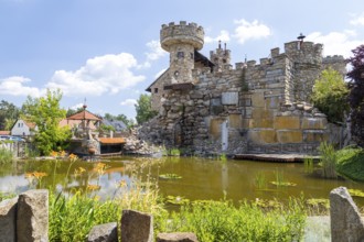 Newly built castle in the style of a Slavic castle, Jakubzburg in Mortka, Lohsa, Saxony, Germany,