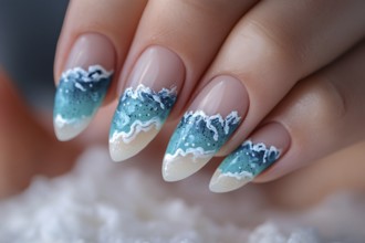 Woman's fingernails with summer ocean nail art design. Generative Ai, AI generated