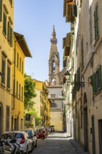 View of a street with Church Santa Croce in Florence, tower, UNESCO World Heritage Site, Tuscany,