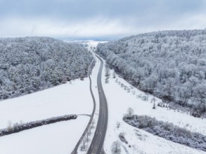 Wooded area and snowy landscape with winding road under cloudy sky in winter atmosphere, Aidlingen,