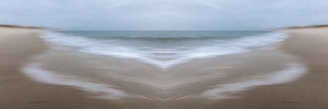 Mirrored picture, blurred, waves on Sylt North Sea beach, National Park Wadden Sea, Sylt, Hoernum,