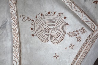 DNK, Funen, Fyn, Hesselager village church, Early Middle Ages, Interiör, ceiling, lime painting,