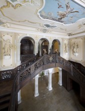 Staircase with ceiling painting: angel with trumpet and flying hourglass