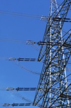 High-voltage line, electricity pylon in front of blue sky, energy supply, power line, electricity,