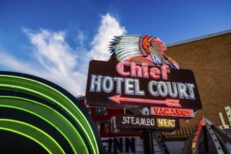 Chief Hotel Court, old neon sign, Boneyard, Neon Museum, Las Vegas, Nevada, USA, North America