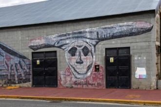 Mural with aboriginal ritual grove, Ushuaia, Argentina, South America