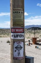 Warning sign UFOs, Area 51, Aliens, Rachel, Extraterrestrial Highway, Nevada, USA, North America