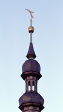 Schweinfurt, St Salvator. Trumpet blowing angel as weather vane on the baroque spire, St., Sankt,