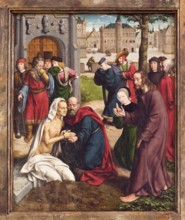 High altar (1488-1506), wing by Jan Joest (1505-1509), Raising of Lazarus with Kalkar town hall in