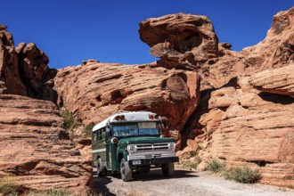 Motorhome at Atlatl Rock Campground, Valley of Fire State Park, Nevada, USA, North America