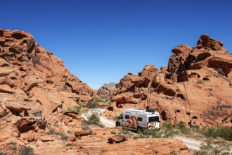 Motorhome at Atlatl Rock Campground, Valley of Fire State Park, Nevada, USA, North America