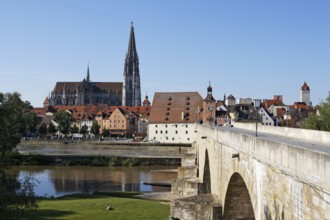 View from the north across the Danube, the stone bridge on the right, St., Sankt, Saint