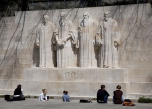 International monument to the Reformation with monumental figures of Guillaume Farel, John Calvin,