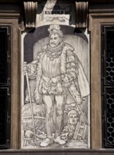 Czech Rep Plzen/Pilsen City Hall. Town hall facade sgraffito picture Rudolf II