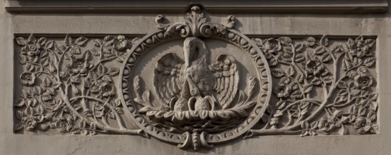 Halle an der Saale. Residential building at Geiststraße 29, Art Nouveau stucco relief. Bible