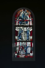 Stained glass window by Ernst Jansen-Winkeln in the left (eastern) aisle, scenes from the life of