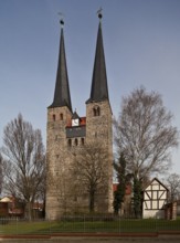 Burg near Magdeburg, lower church of St Nicolai. from the west, double tower complex with multiple