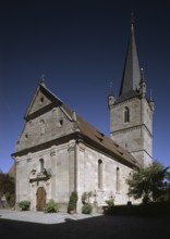 Heßdorf, Hannberg. Nativity of Mary fortified church. Fortified church complex at the end of the