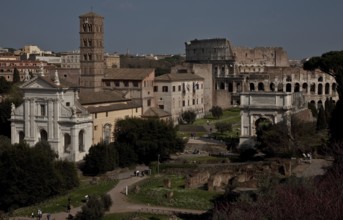 Eastern part from the west with Santa Francesca Romana and Arch of Titus, behind Colosseum, St.,