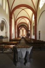 View to the east with Romanesque baptismal font, St., Sankt, Saint