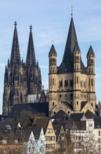 Cologne, Groß St. Martin, behind it the cathedral, view from the Severinsbrücke bridge