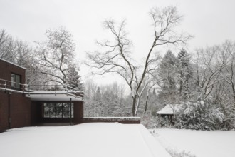 Built between 1928 and 1930 by Ludwig Mies van der Rohe as a residential building, garden side