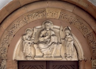 Romanesque tympanum on the side portal.Stiftsbasilika Peter und Alexander, Aschaffenburg, St.,