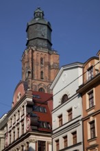 Tower storeys above baroque and classicist gabled houses, St., Sankt, Saint