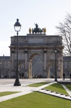 Arc de Triomphe du Carrousel and inner courtyard of the Louvre with pyramid by Ieoh Ming Pei, view