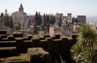 Generalife, view from the new gardens to the main part of the Alhambra, on the left the church of